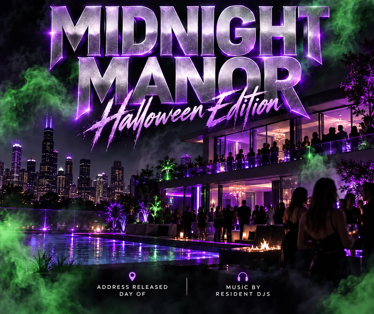 Concept art for Midnight Manor: a glass mansion at night above the Chicago skyline, lit purple with green fog